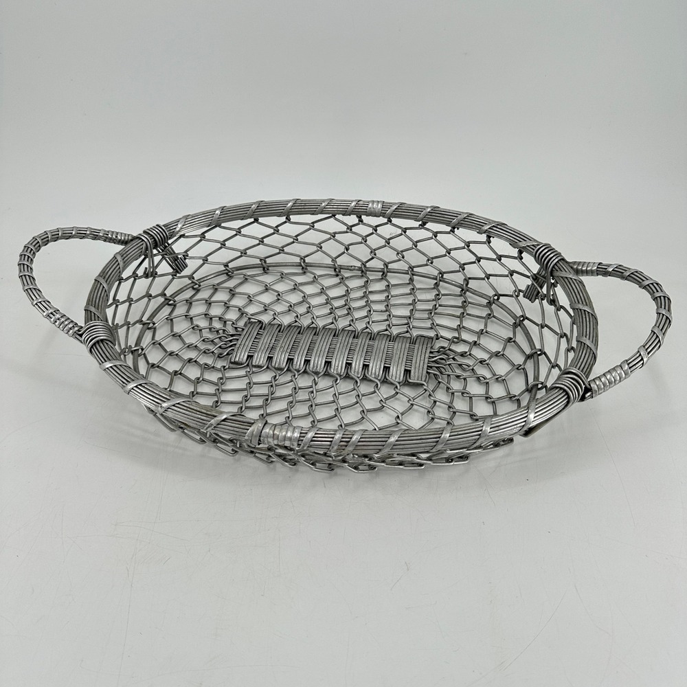 Vintage Style Oval Metal Wire Mesh Basket with Handles Silver Industrial Decor
